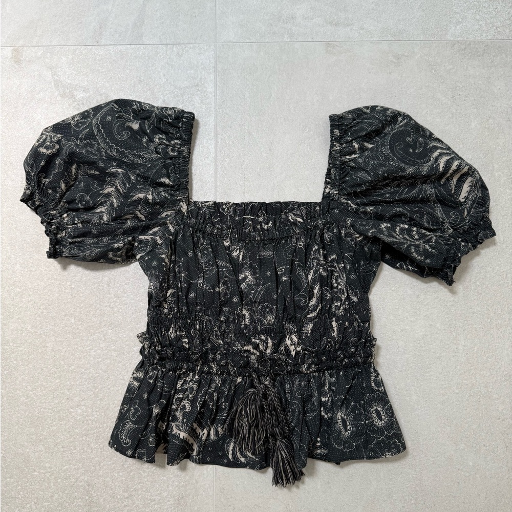 Ulla Johnson Black Smocked Blouse with Ruffled Tie Front